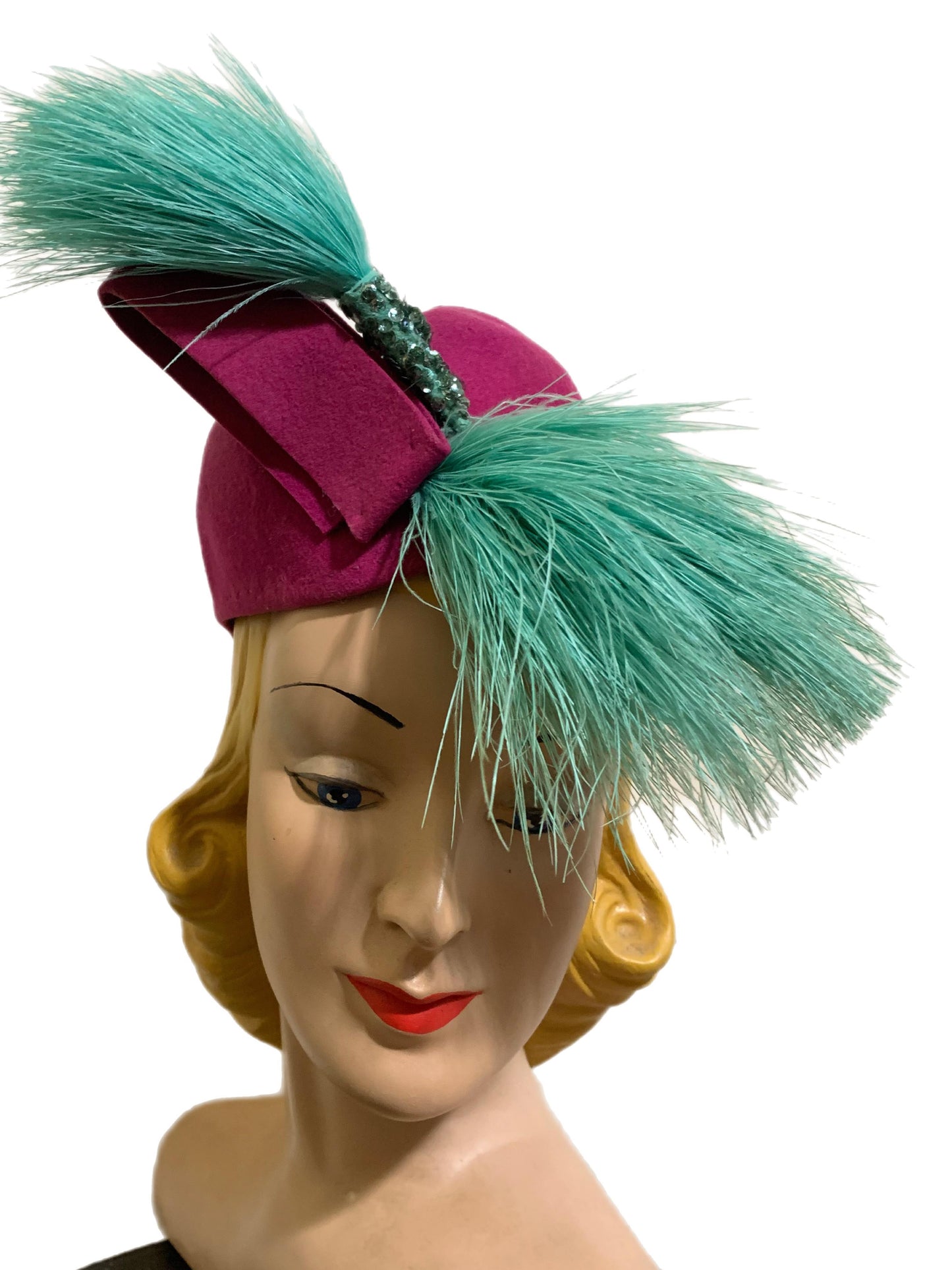 Magenta Wrap Over Pinched Front Hat with Aqua Feathers and Sequins circa 1940s