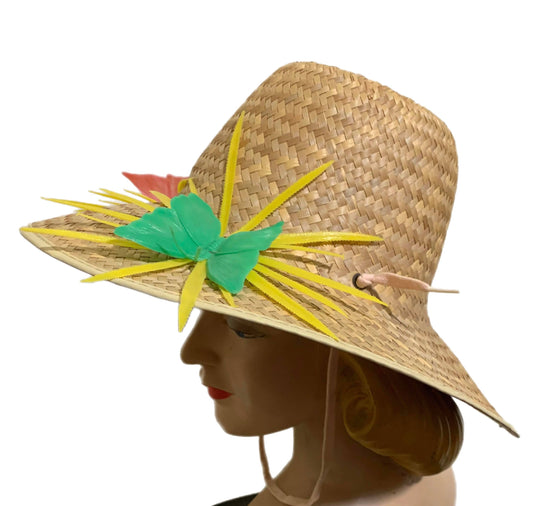 Braided Flat Straw Sun Hat with Butterflies and Flowers circa 1940s