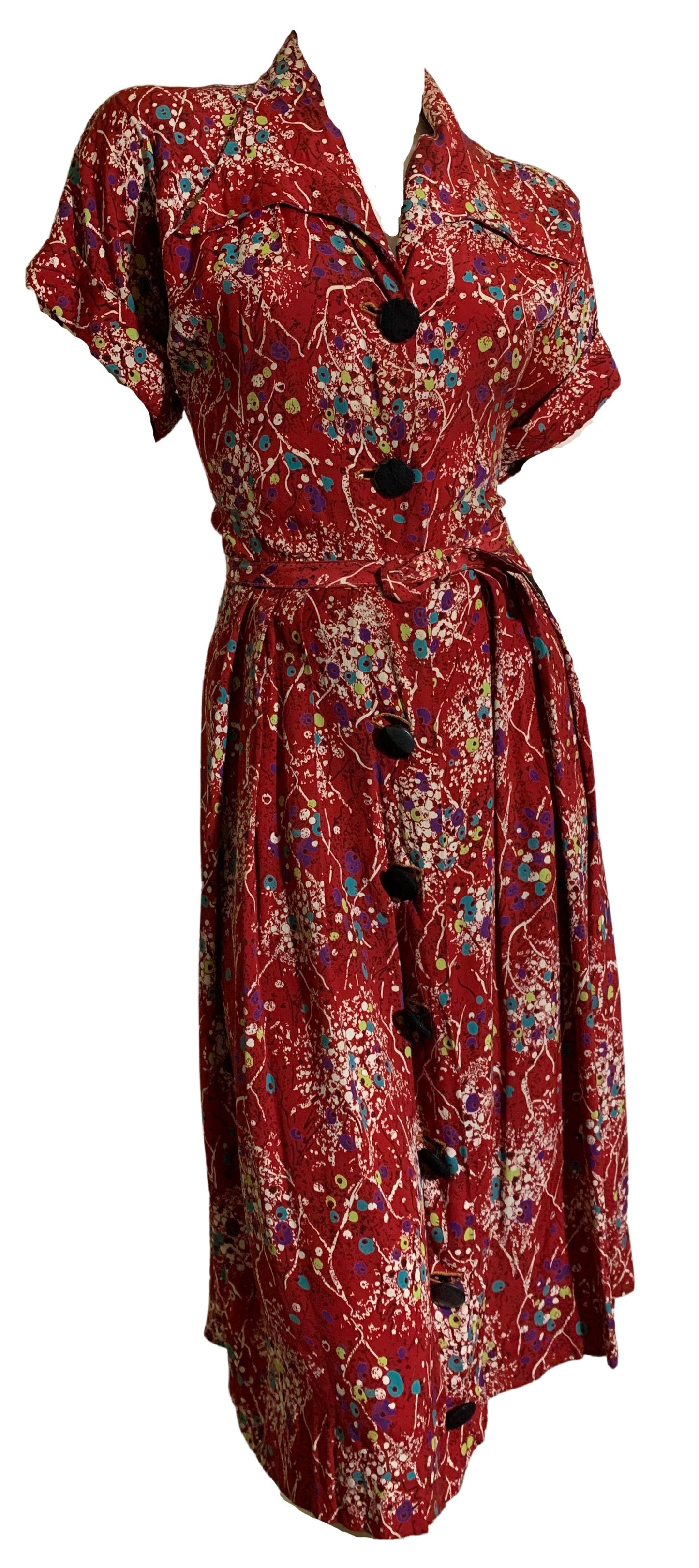 Pollock Meets Floral Print Red Crepe Rayon Dress circa 1940s