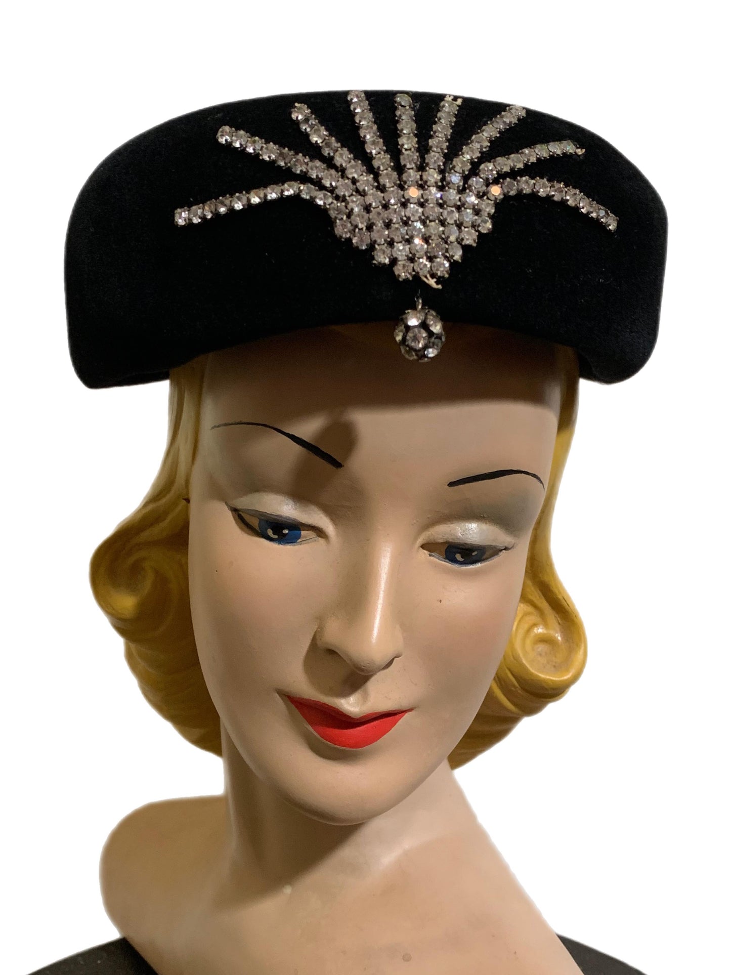 Black Velvet Pill Box Hat with Rhinestones circa 1960s