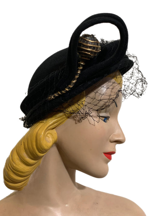 Glam Black Hat with Sculpted Swirl and Metallic Trimmed Accent circa 1930s