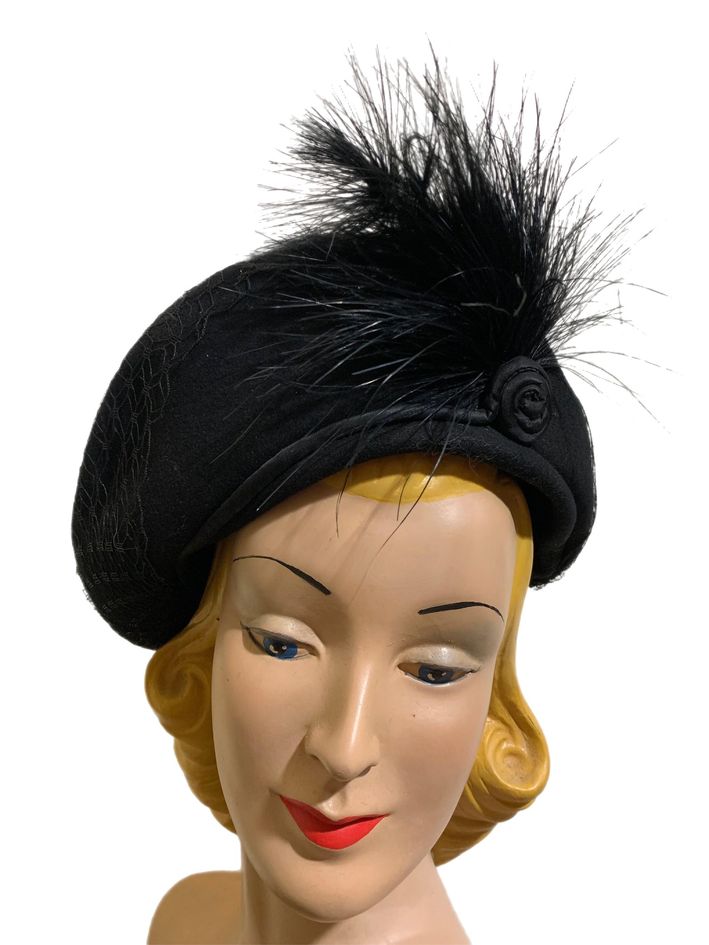 Angled Coal Black Veil Covered Hat with Feather Plume circa 1940s