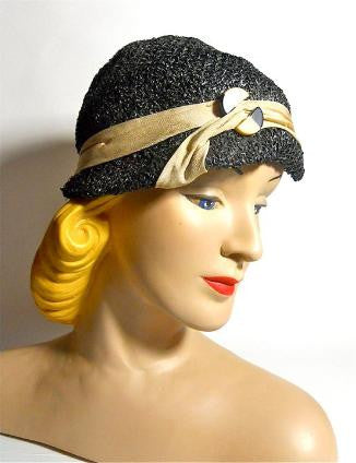 Pewter Grey Sisal 1930s Cloche Hat with Deco Trimming