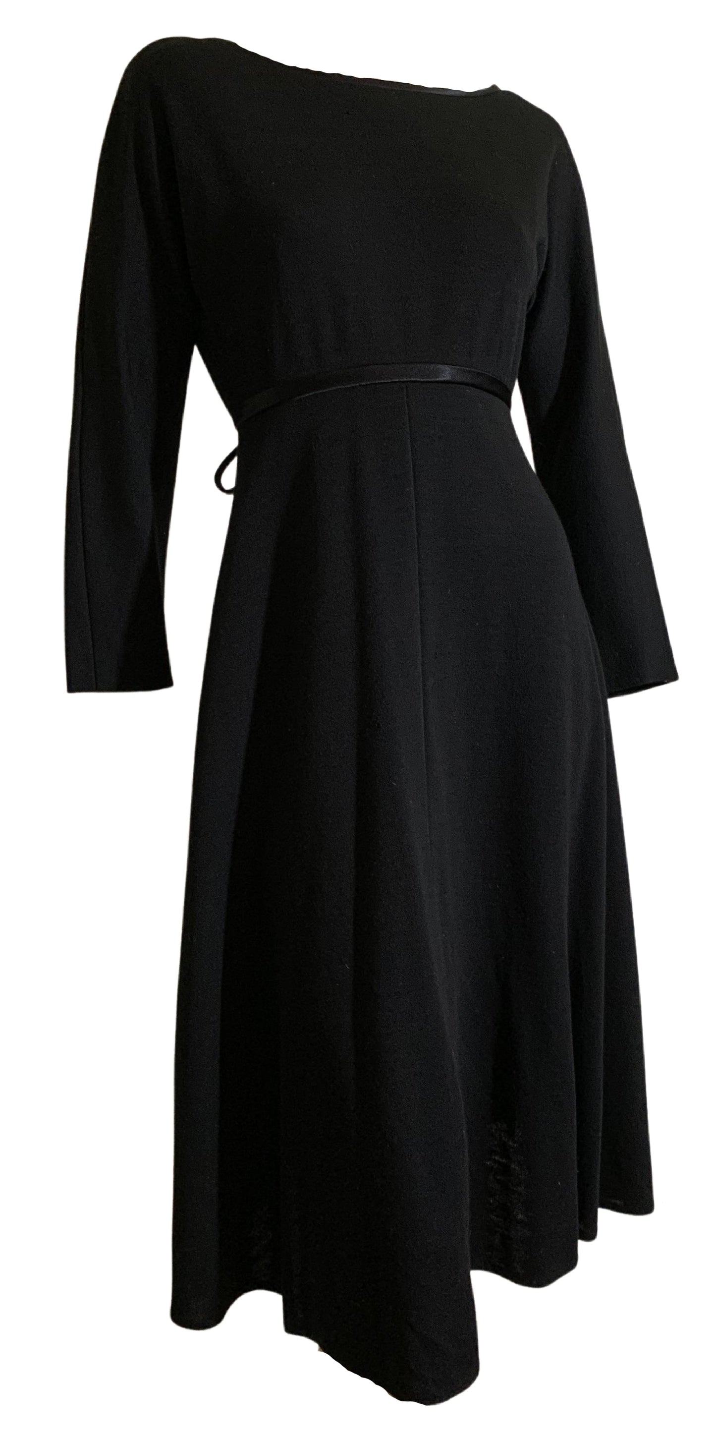 Black Wool Wrap Dress Low Back with Bow with POCKETS! circa 1960s