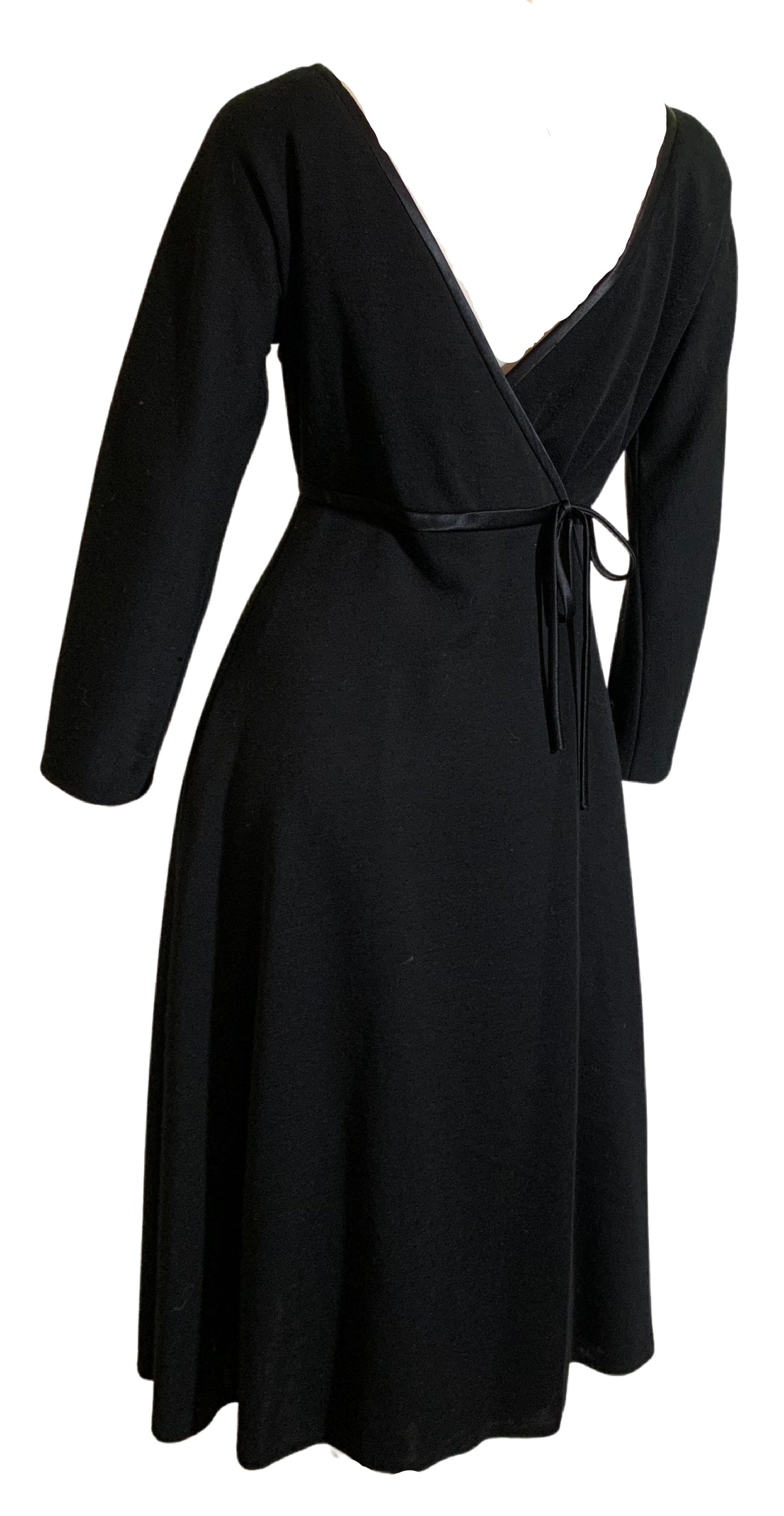 Black Wool Wrap Dress Low Back with Bow with POCKETS! circa 1960s