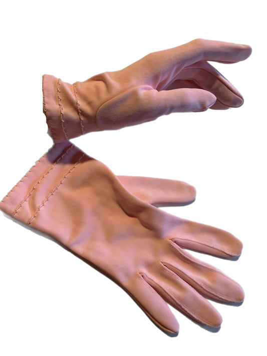 Candyfloss Pink Nylon Embroidered Wrist Length Gloves circa 1960s