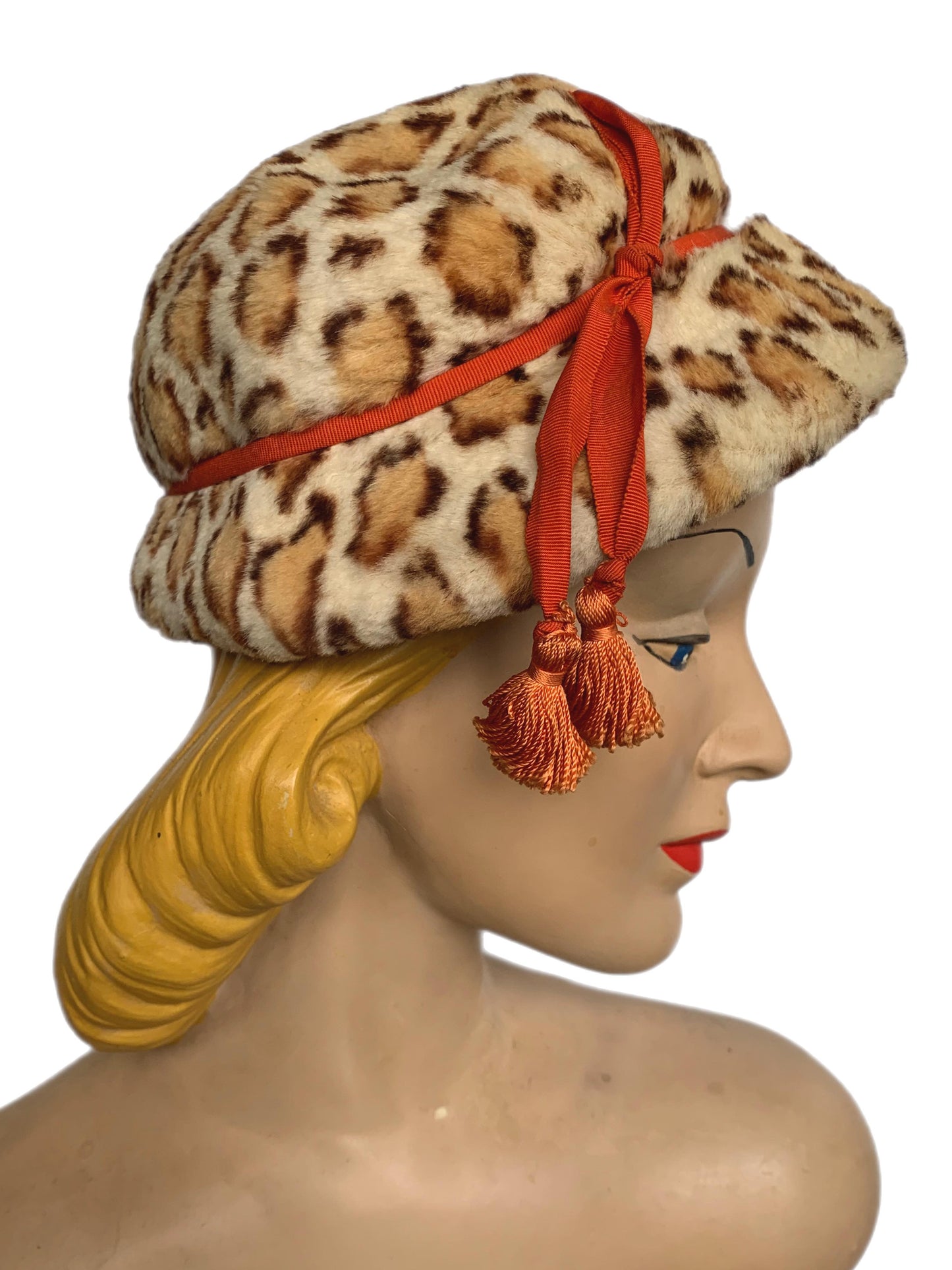 Leopard Print Rabbit Fur Hat with Orange Cord Trim circa 1960s