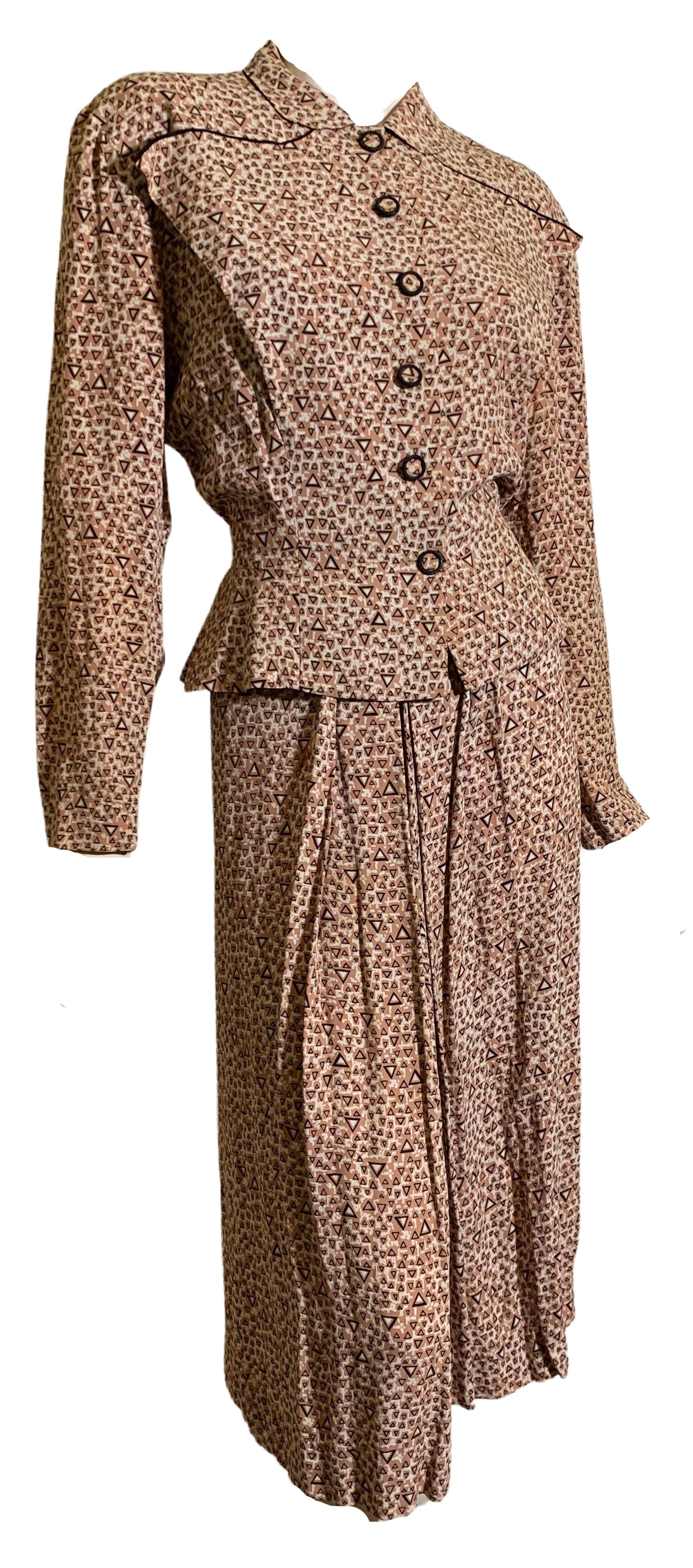 Smart Art Deco Geometric Print Rayon Dress and Jacket Set circa 1940s
