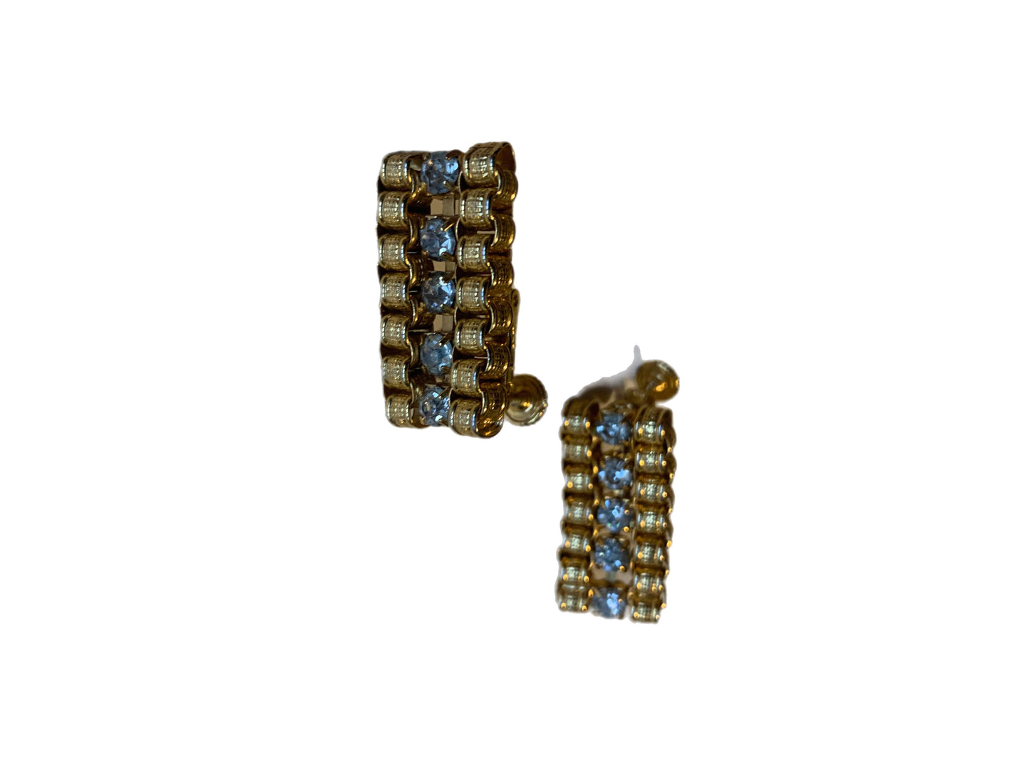 Gold Metal Link Chain And Rhinestone Clip Earrings circa 1950s