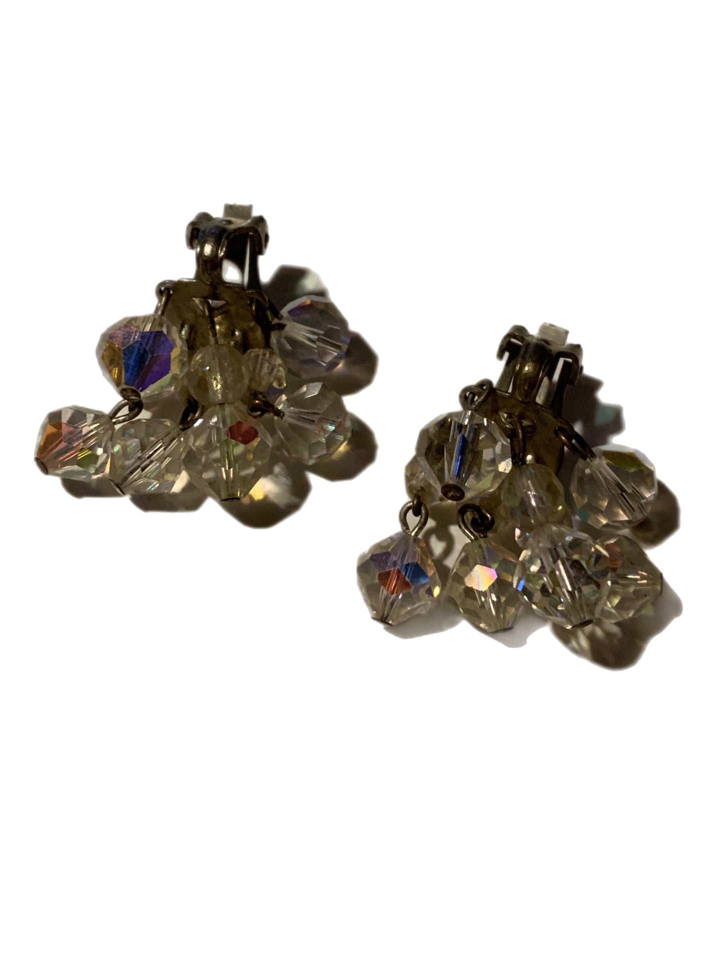 Iridescent Beveled Crystal Bead Waterfall Clip Earrings circa 1960s