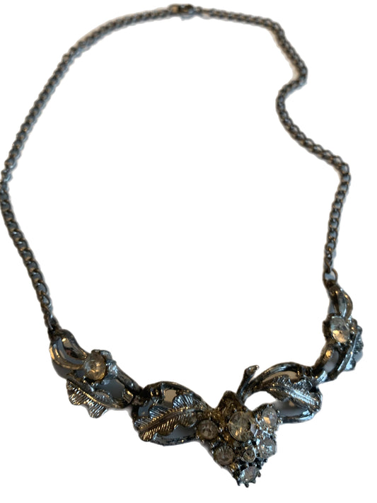 Silvertone Metal Wide Pendant Rhinestone Necklace circa 1950s
