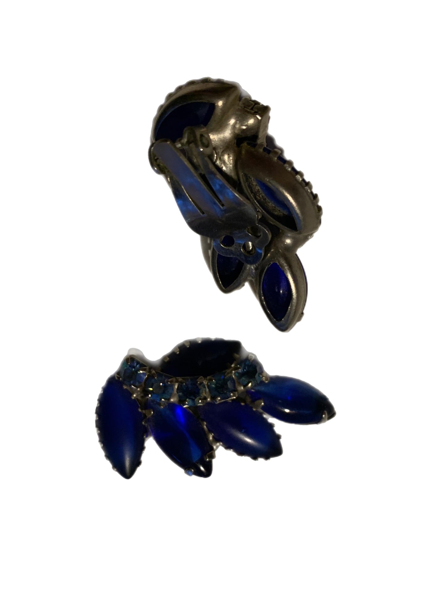 Gorgeous Vivid Blue Navette Rhinestone Clip Earrings circa 1960s
