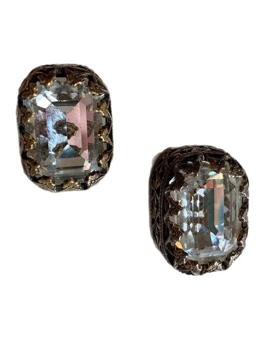Huge Beveled Clear Rhinestone Clip Earrings circa 1960s