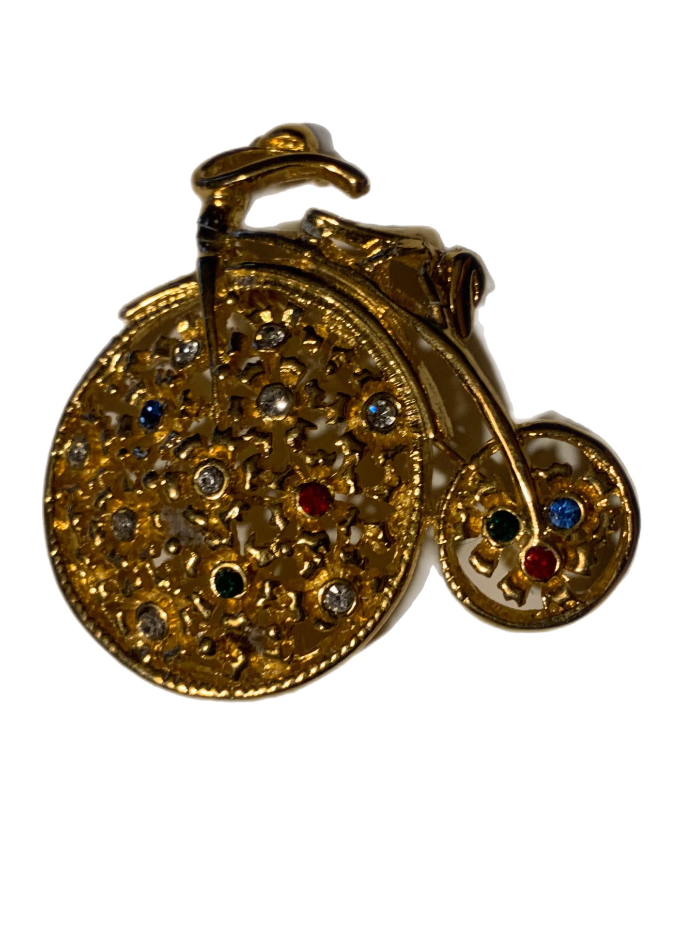 Whimsical Penny Farthing Bicycle Brooch with Multicolored Rhinestones circa 1960s