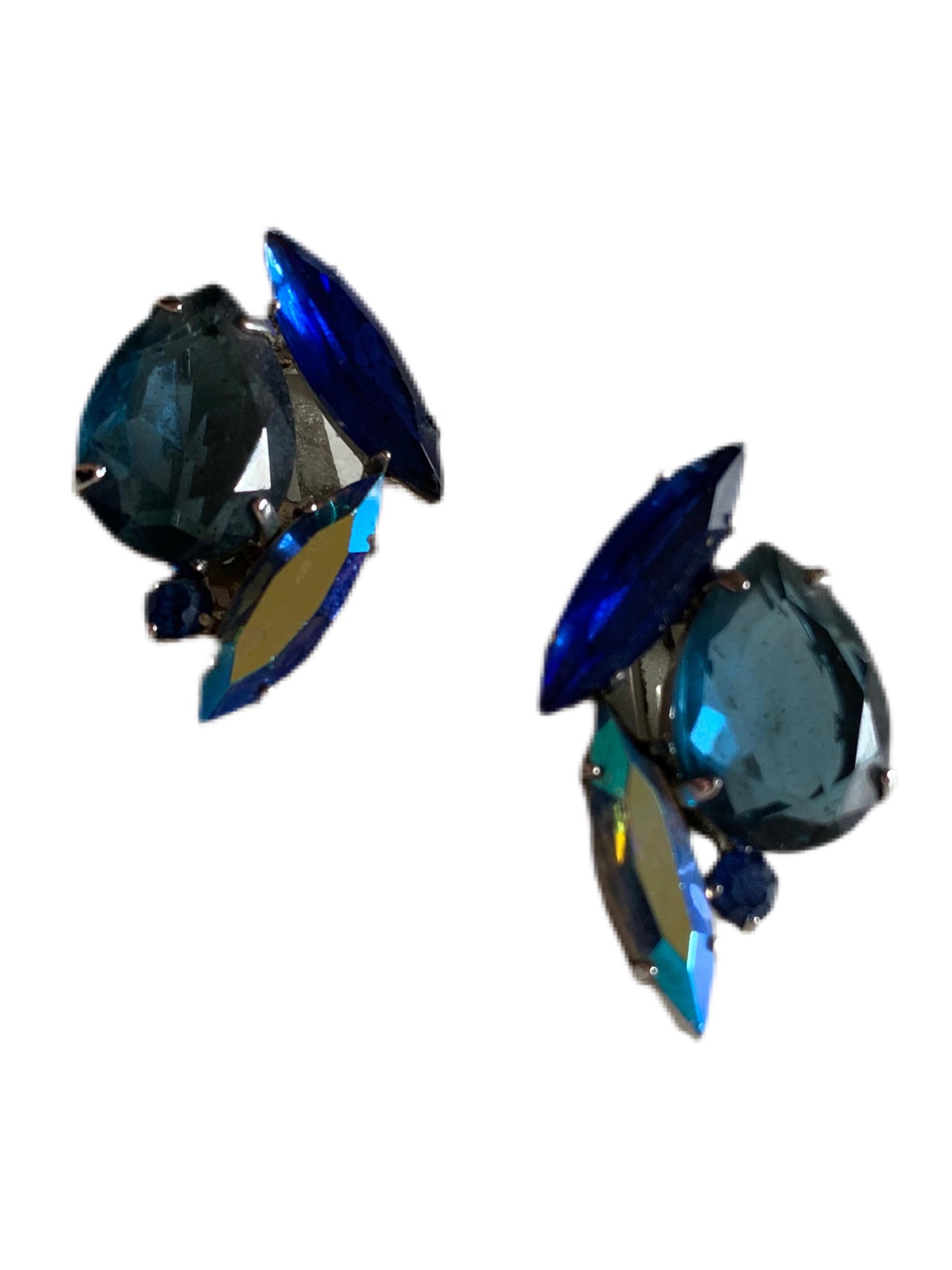 Blue Navette Rhinestone Clip Earrings circa 1960s