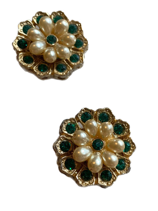 Green Rhinestone and Faux Pearl Flower Clip Earrings circa 1960s