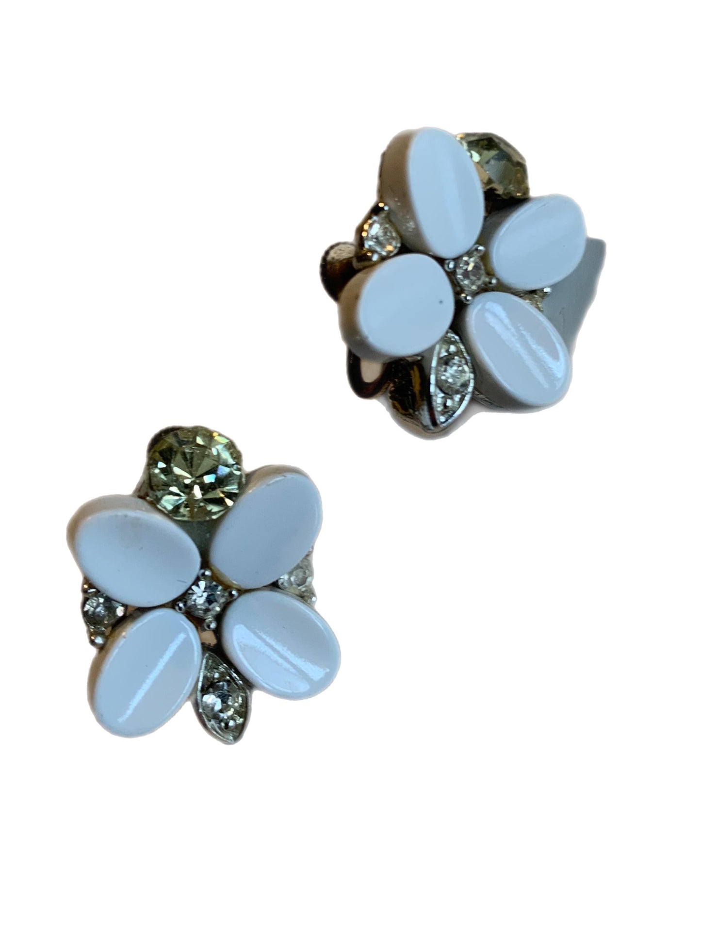 White Thermoset Plastic and Rhinestone Flower Clip Earrings circa 1960s