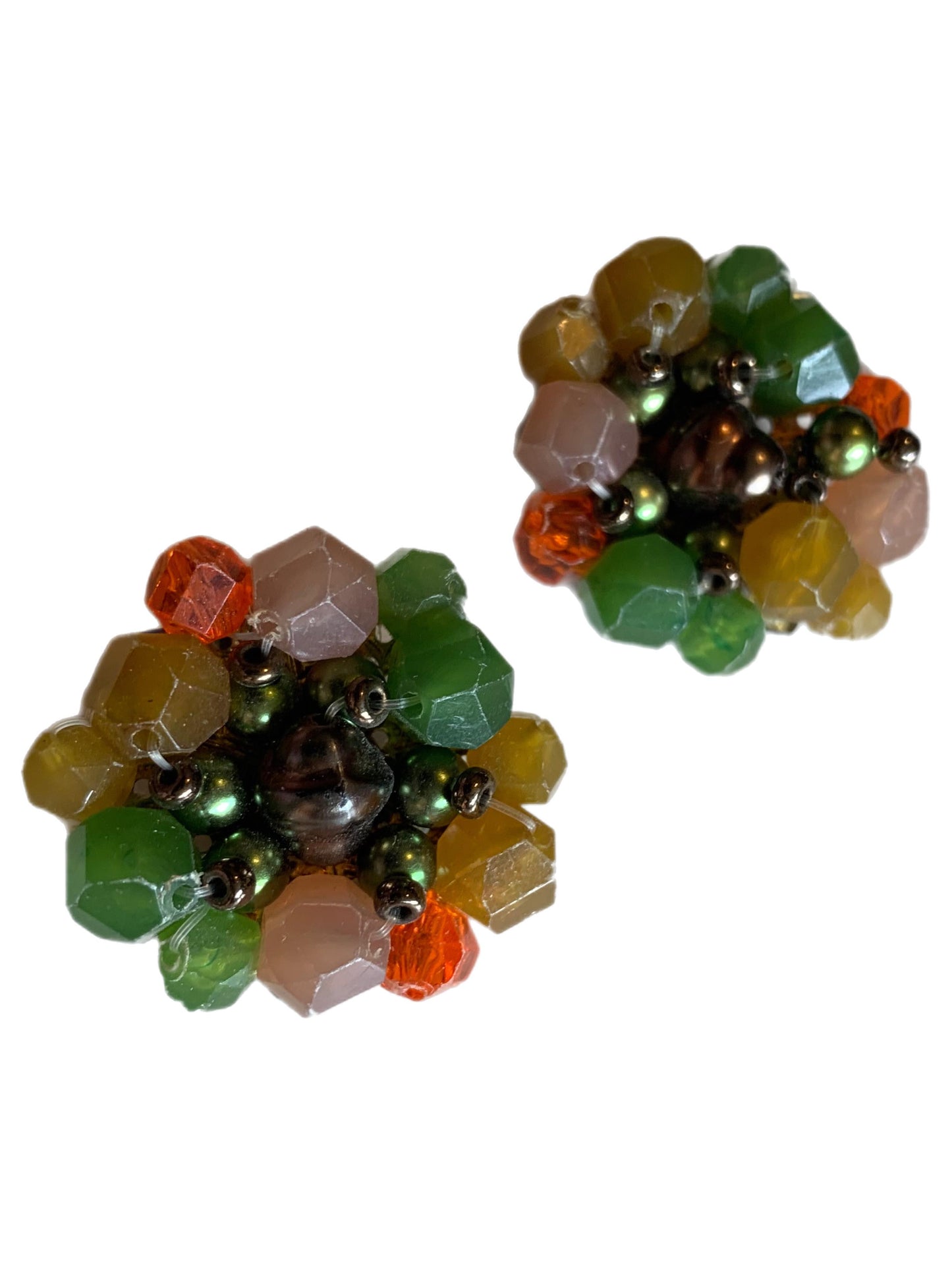 Faceted Green, Yellow and Orange Beaded Clip Earrings circa 1960s