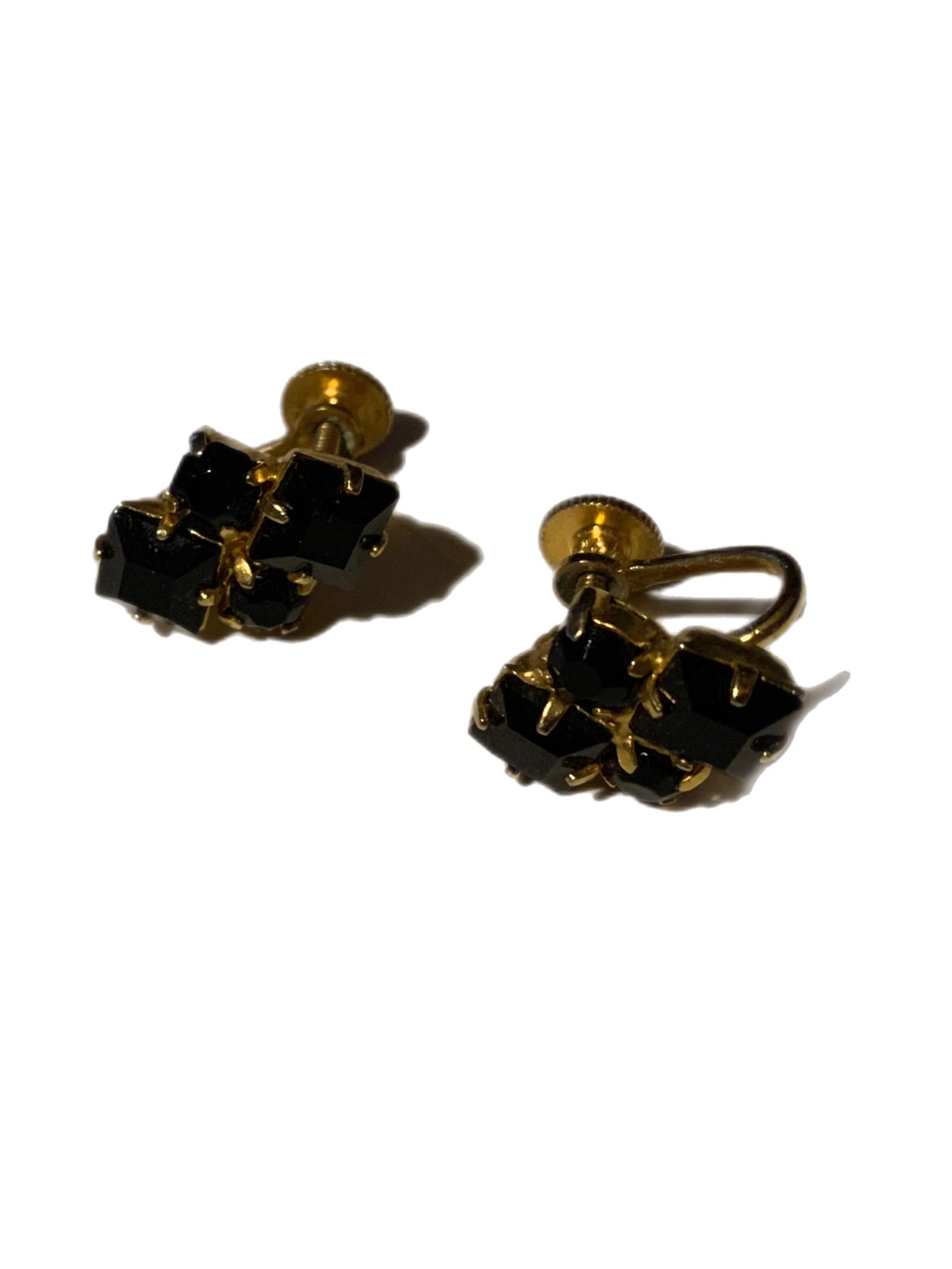 Elegant Black Rhinestone Gold Toned Clip Earrings circa 1940s