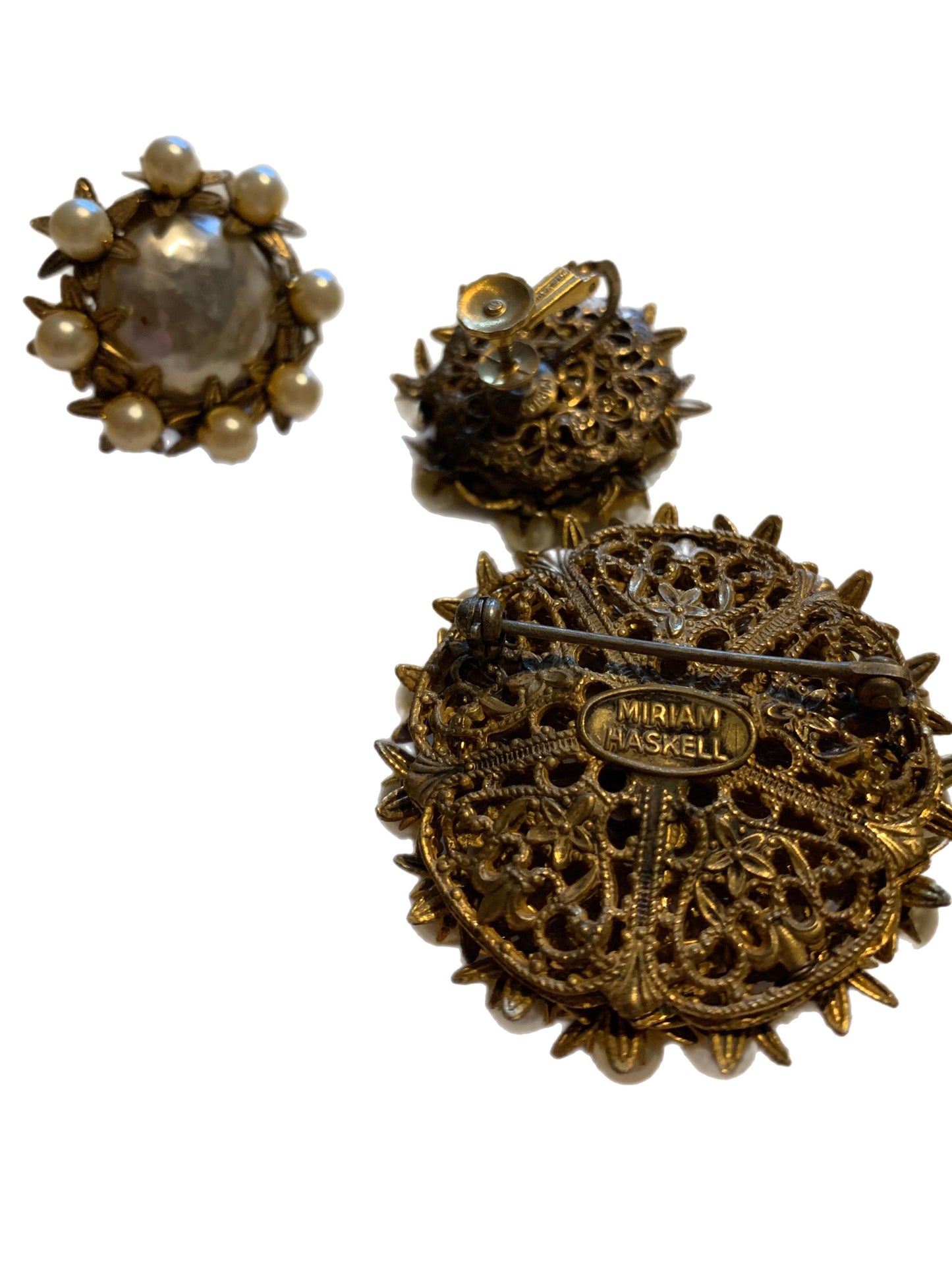 Rare Baroque Faux Pearl Brooch and Clip Earrings Demi Parure Set circa 1940s