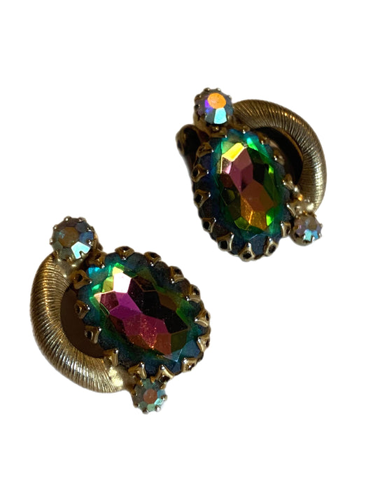 Watermelon Crystal Earrings with Gold Tone Metal Trim circa 1960s