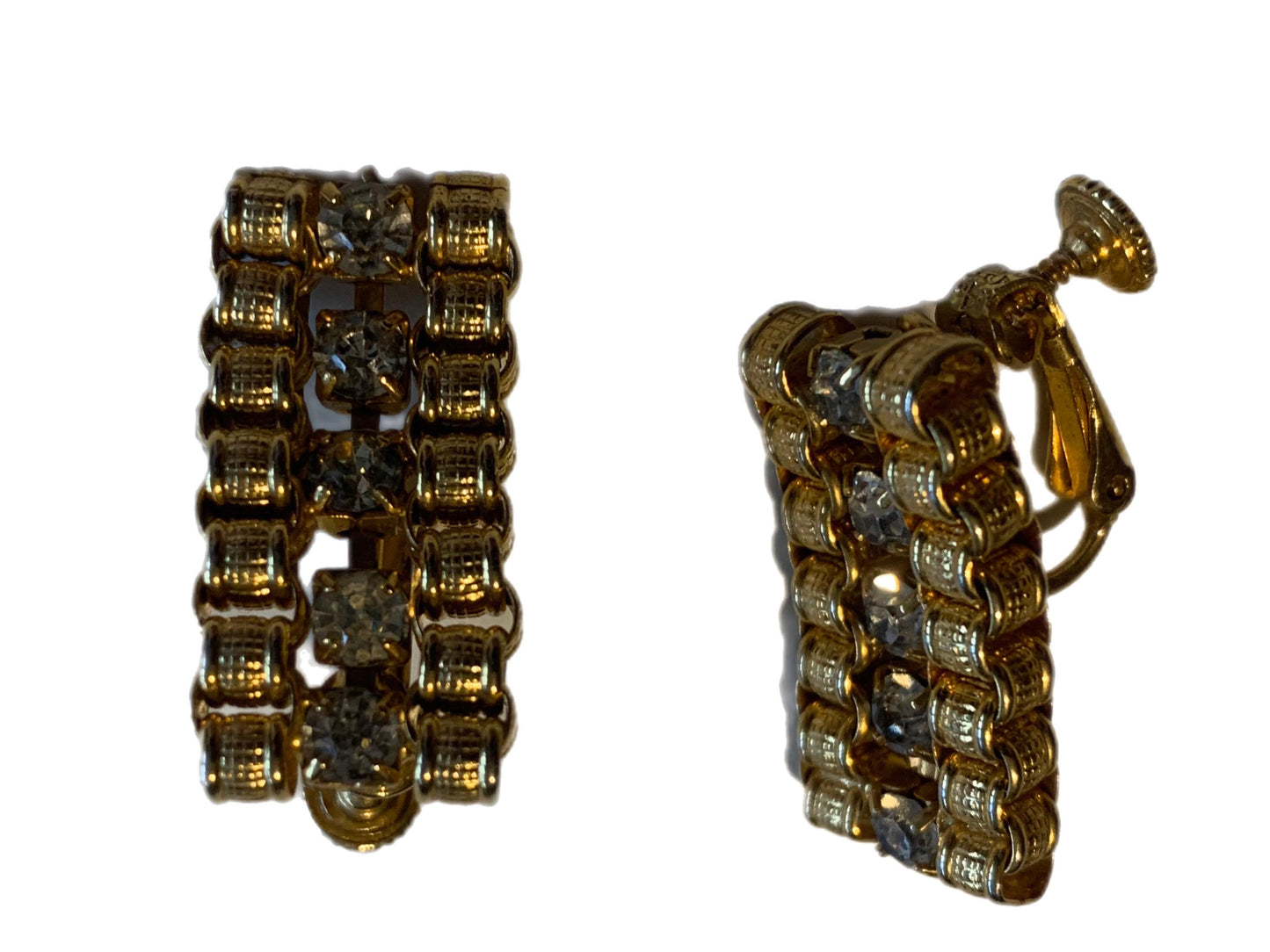 Gold Metal Link Chain And Rhinestone Clip Earrings circa 1950s