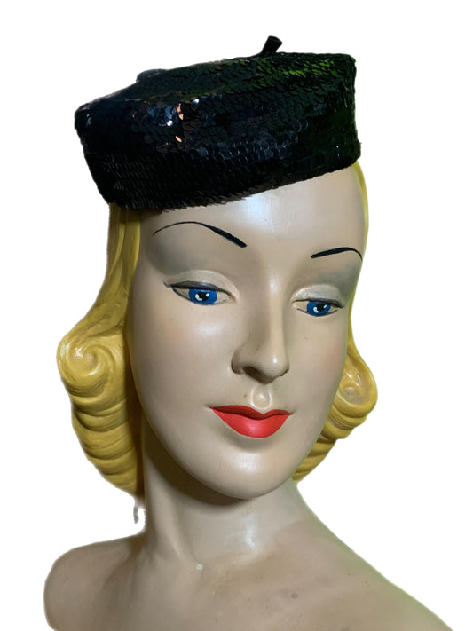 Shimmering Black Sequined Mini Cocktail Hat with Bow circa 1930s