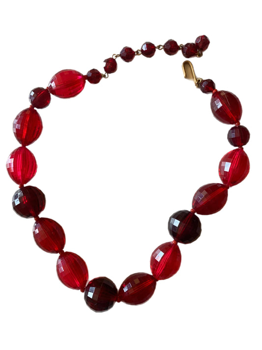 Vivid Red and Pink Beveled Glass Bead Necklace circa 1960s