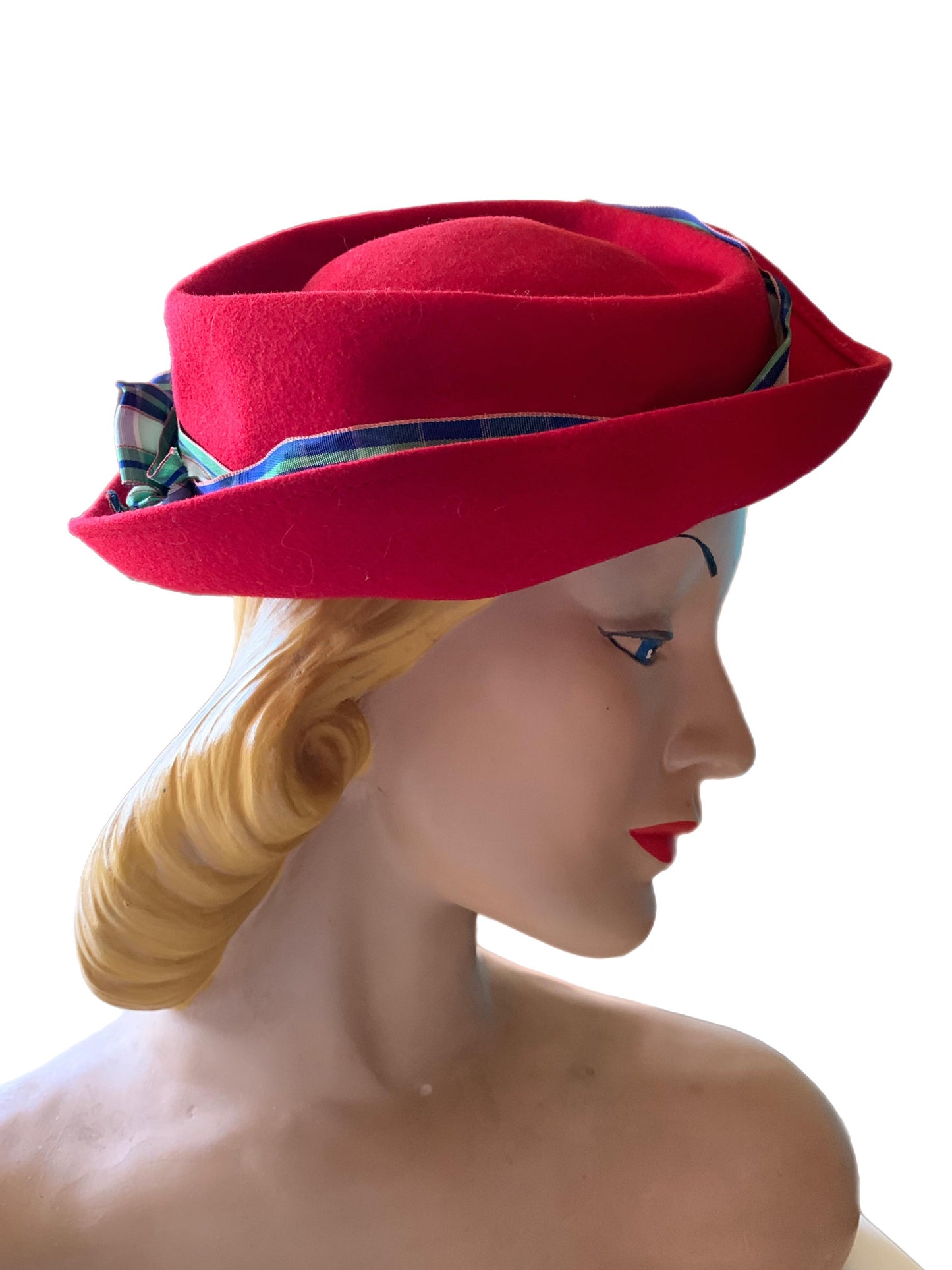 Jaunty Cherry Red Felted Wool Mini Fedora Hat with Plaid Taffeta Ribbon circa 1940s