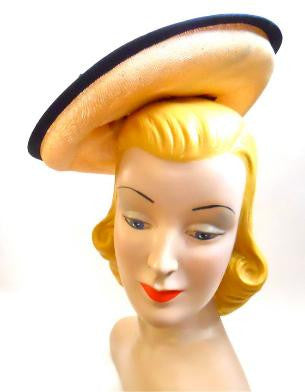 Sweet Straw 1940s Tilt Hat w/ Black Velvet Trim 