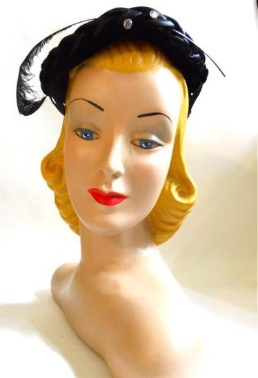 Curved Plume Topped Black Satin Hat circa 1950s