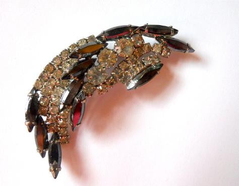 Pewter and Clear Rhinestone Crescent 1950s Brooch