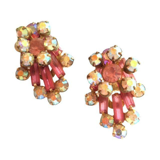 Comet Burst Pink Rhinestone Clip Earrings circa 1960s Dorothea's Closet Vintage Jewelry