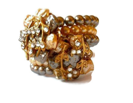 Haskell Style Baroque Faux Pearl and Rhinestone Wire Bracelet circa 1960s