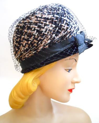 Mod Tweed Black and Grey 1960s Bubble Hat 