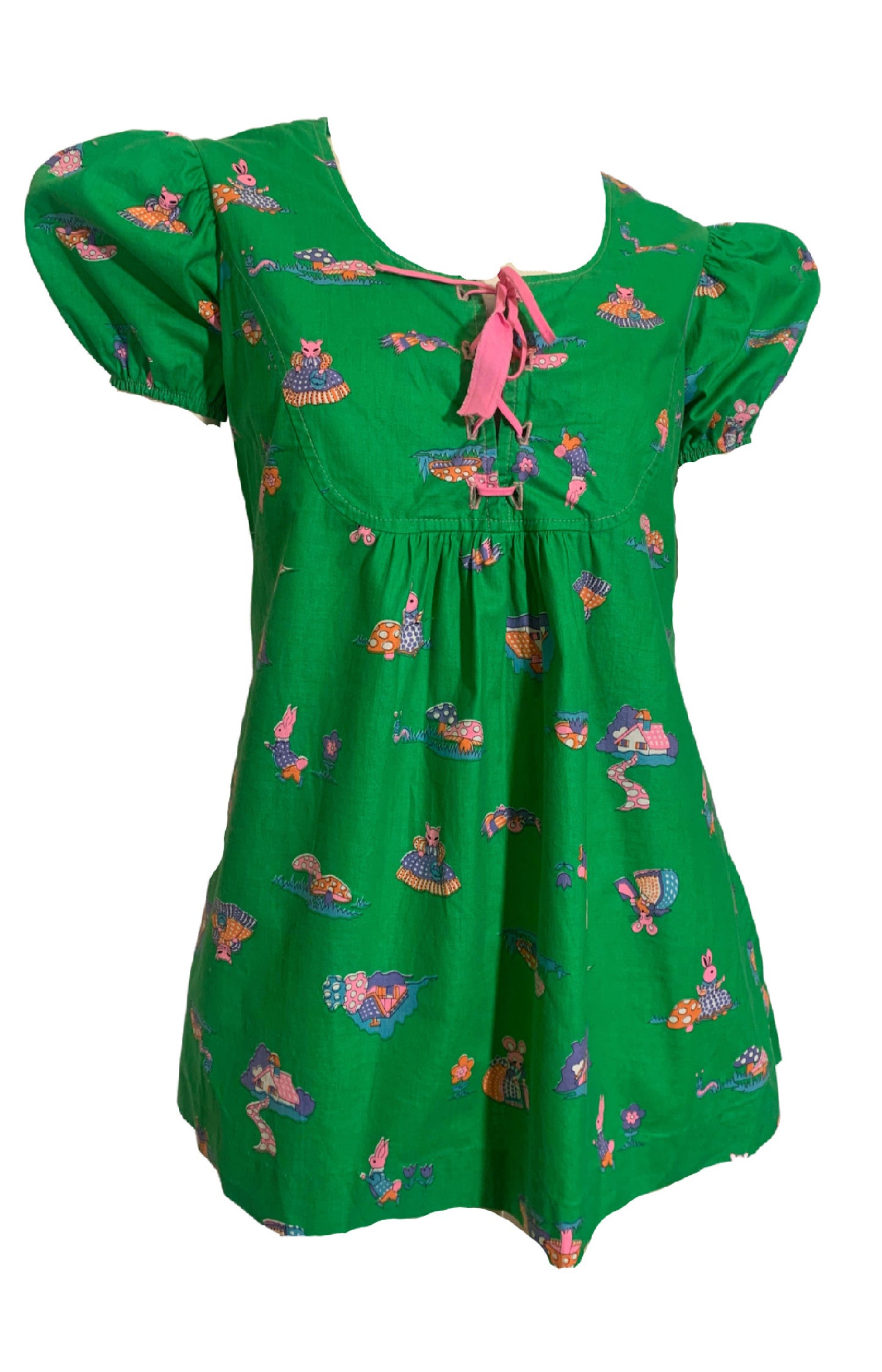 Kitschy Cute Bunny, Cats, Birds and Worms Print Babydoll Blouse circa 1970s