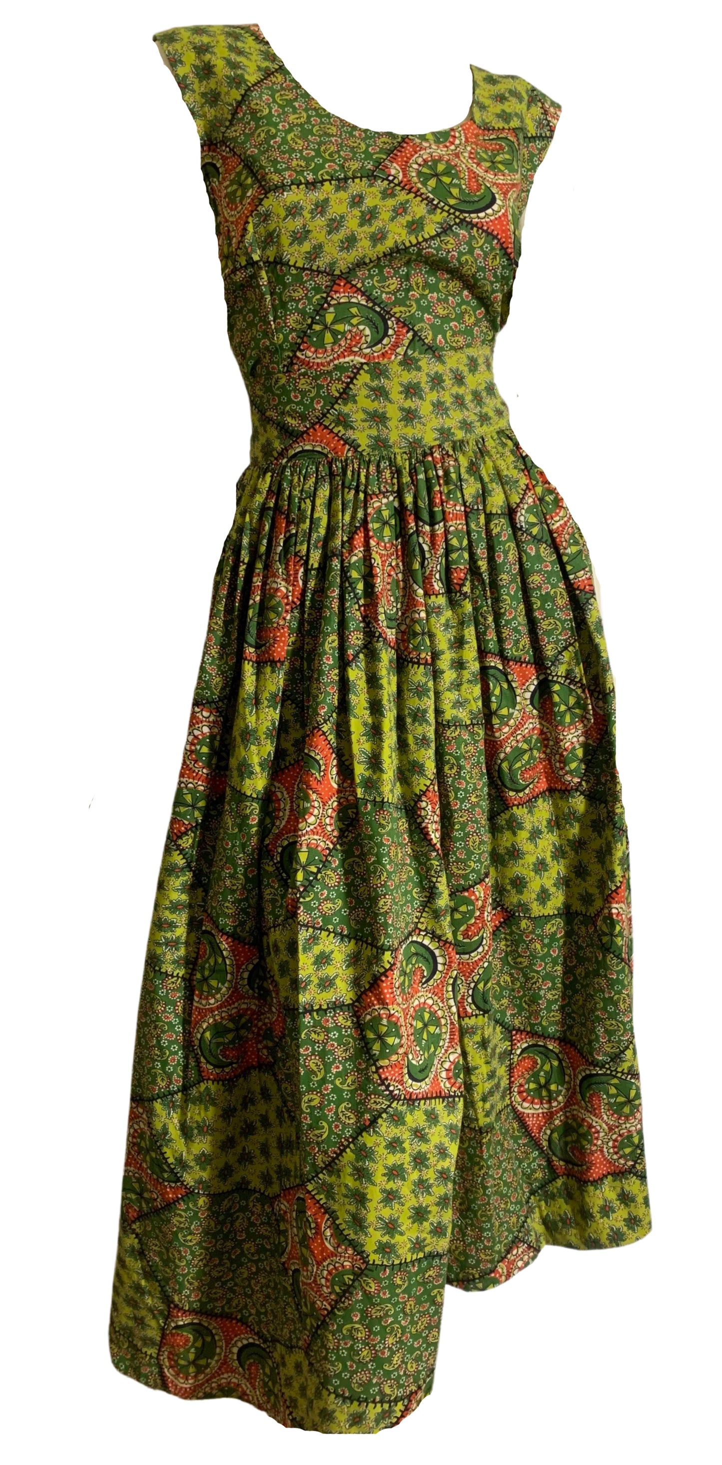 Green and Red Paisley and Patchwork Print Cotton Full Skirt 2 Pc Dress Set circa 1950s