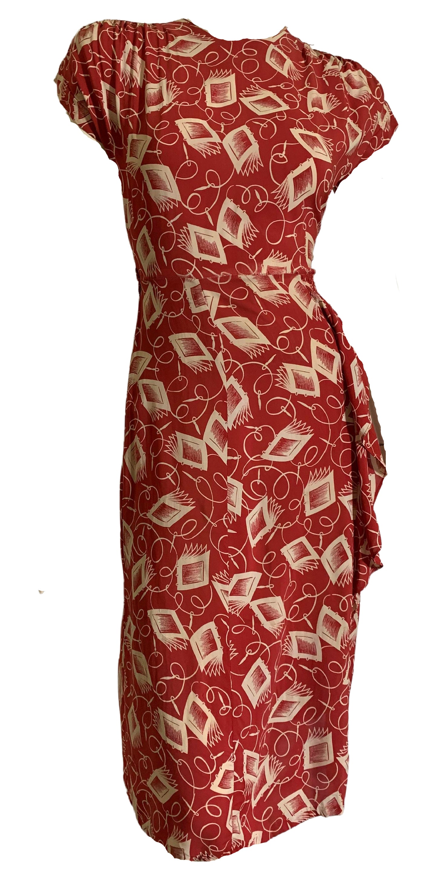 Notebook and Pen Brick Red Novelty Print Dress circa 1940s