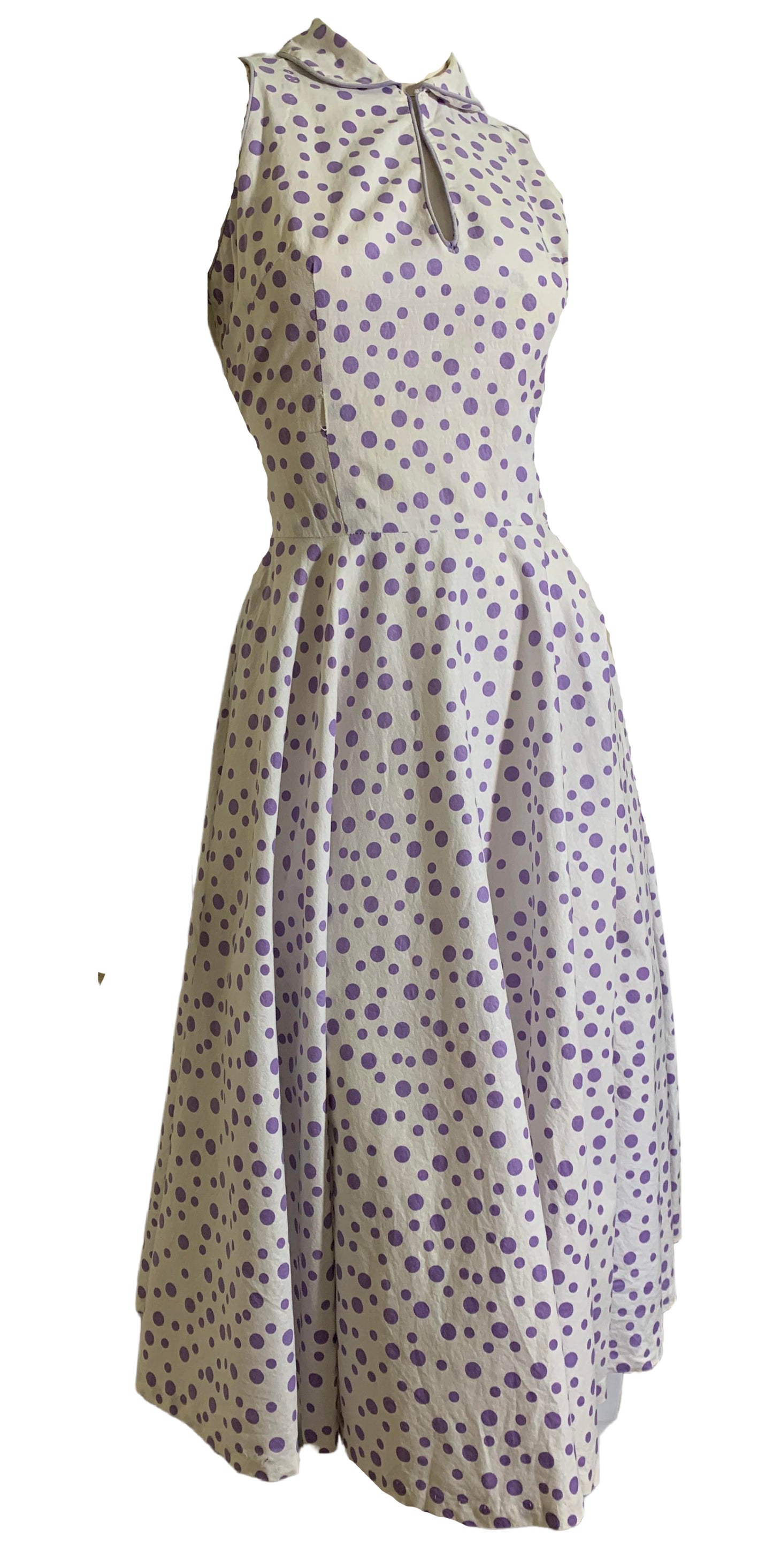 Lavender Polka Dot Sleeveless Circle Skirt Dress circa 1940s