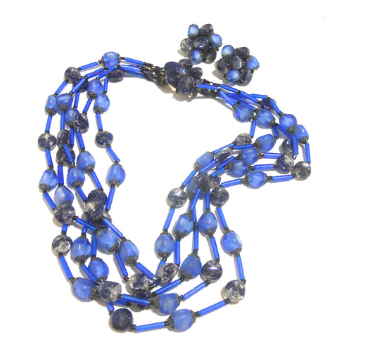 Swirled Blue Beaded Multi-Strand Necklace and Clip Earrings circa 1960s