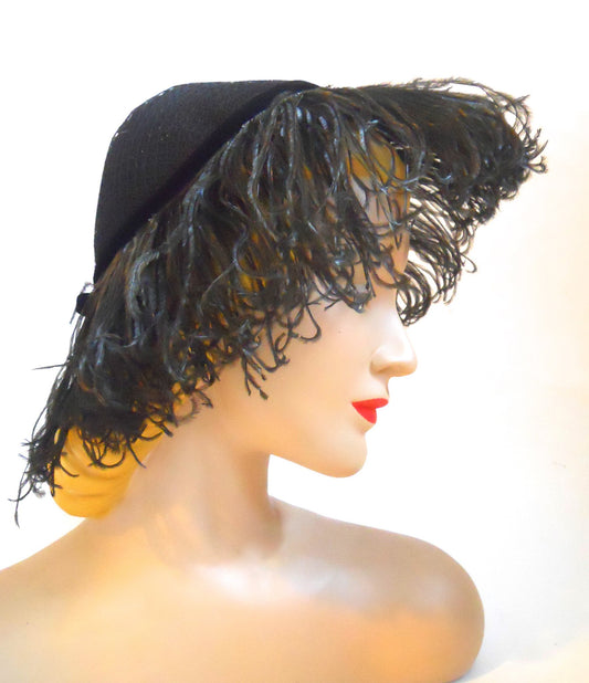Dramatic Black Marabou Trimmed Peaked Marabou Hat circa 1950s