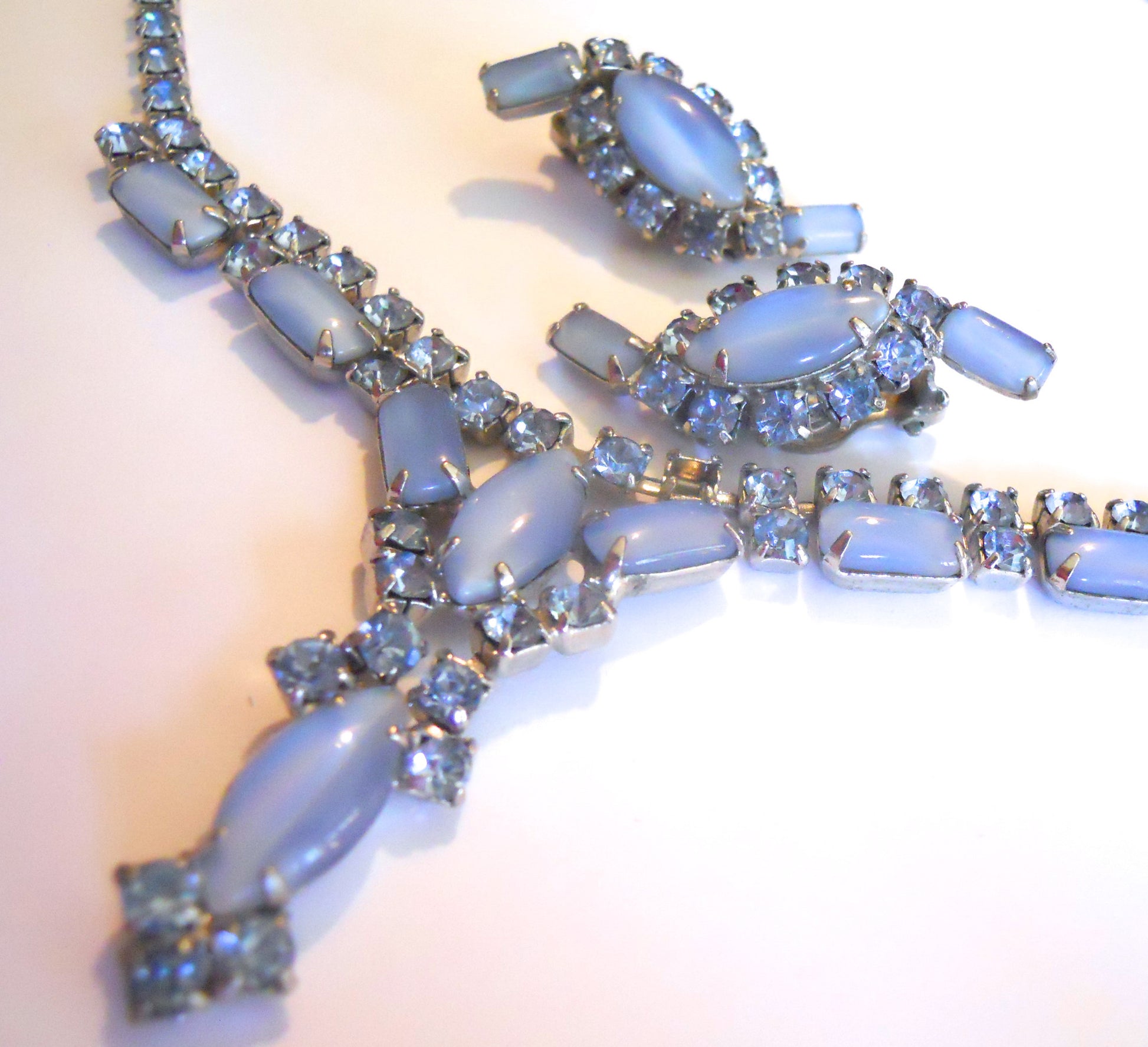 Violet Blue Opaque Glass and Rhinestone 1950s Necklace and Clip Earrings 