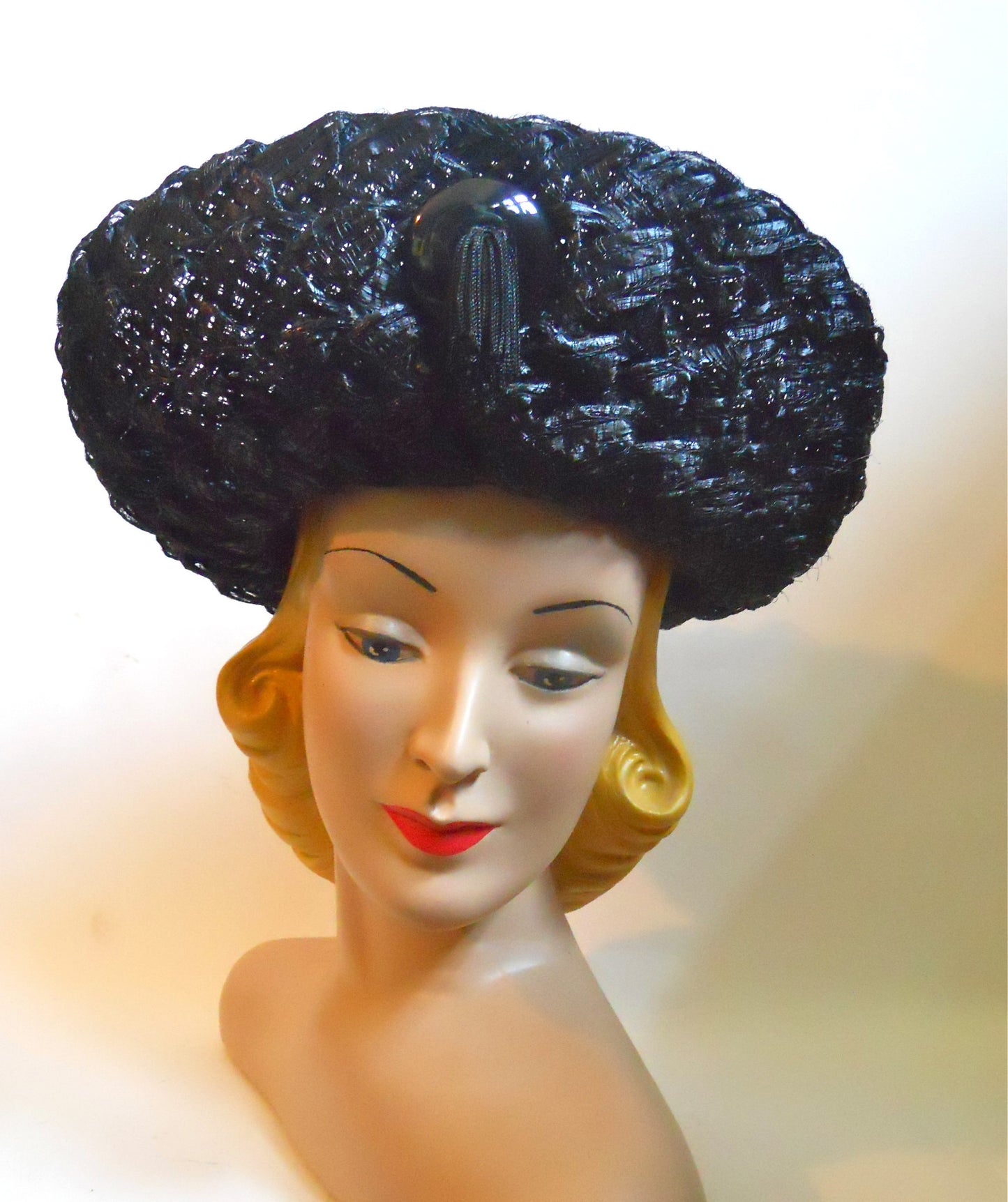 Black Glossy Wide Weave Sisal 60s Hat with Upturned Brim and Tassel 