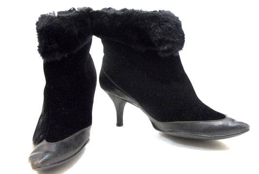Vampy Black Velvet & Faux Fur Winter High Heel 1960s Boots