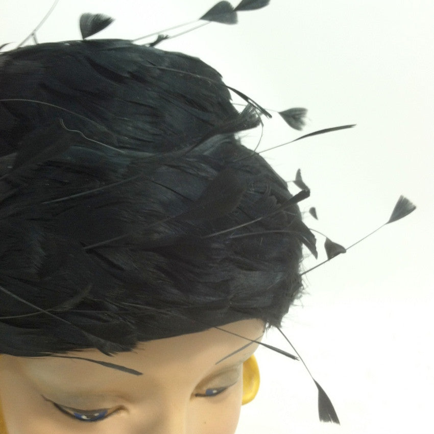 Floating Feathers Whimsical Tiered Black 1960s Cocktail Hat 