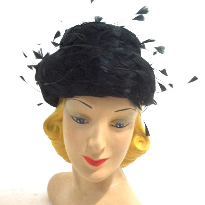 Floating Feathers Whimsical Tiered Black 1960s Cocktail Hat 