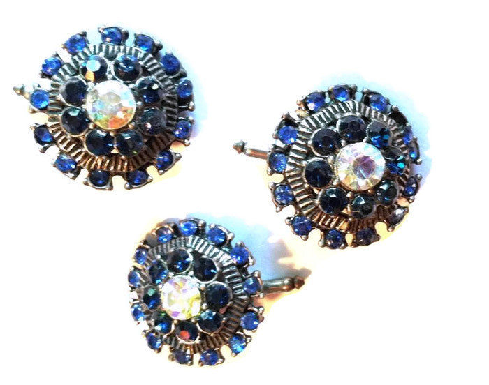 Sparkling Bold Blue and Clear Rhinestone Button Studs Set 3 circa 1940s