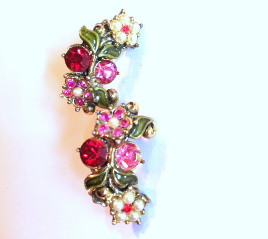 Pretty Pink Flower Faux Pearl and Rhinestone Clip Earrings circa 1960s Dorothea's Closet Vintage Jewelry