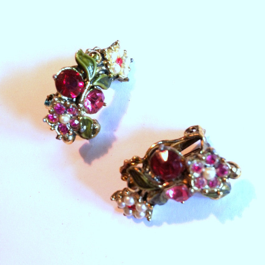 Pretty Pink Flower Faux Pearl and Rhinestone Clip Earrings circa 1960s