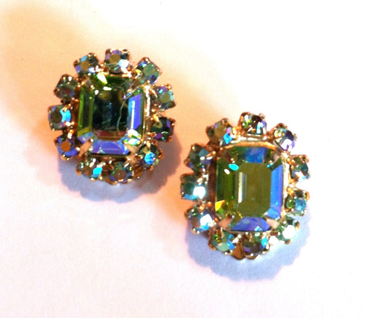 Stylish Lime Green Rhinestone Clip Earrings circa 1960s